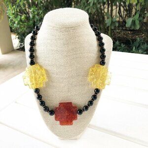 NWT Genuine Amber, Black Onyx & Copper Beads Beaded Necklace Black Orange Red